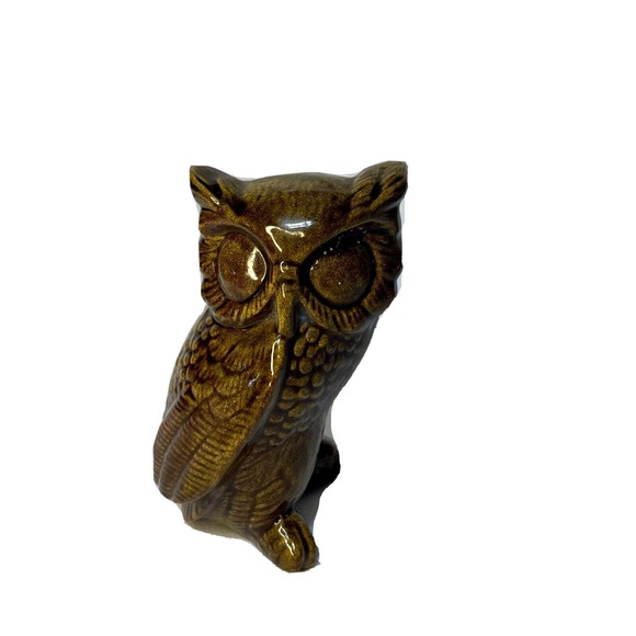 Vintage Mid Century Modern Owl Collection Figurines Set Three Brown & Yellow - Picture 7 of 16